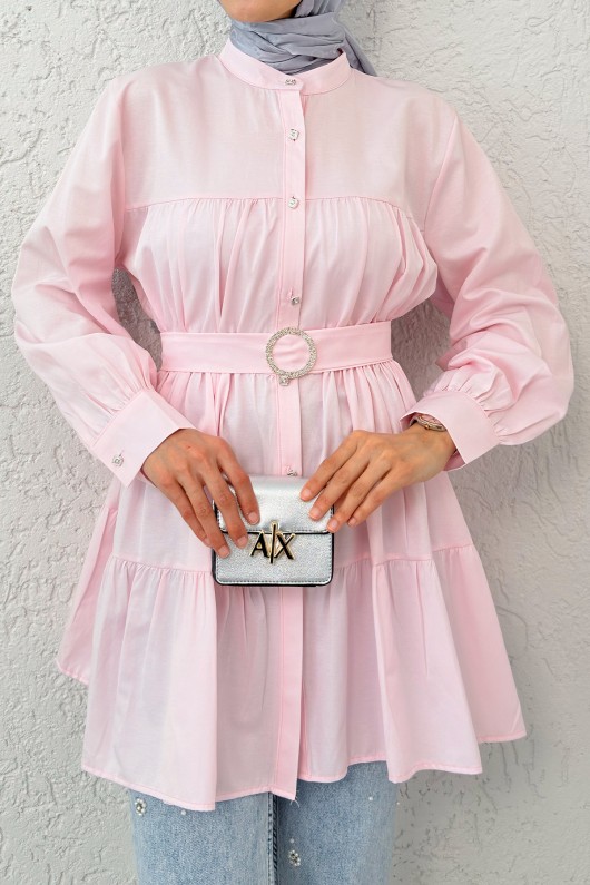 Kemer Detaylı Kat Kat Tunik 2140 - PEMBE