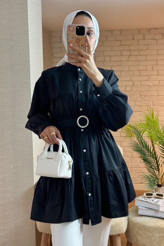 2140 Kemer Detaylı Kat Kat Tunik - SİYAH