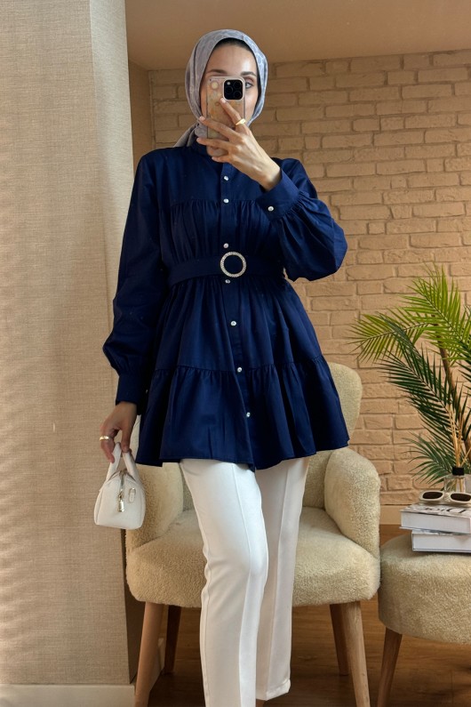 2140 Kemer Detaylı Kat Kat Tunik - LACİVERT