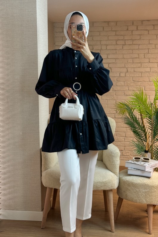 2140 Kemer Detaylı Kat Kat Tunik - SİYAH