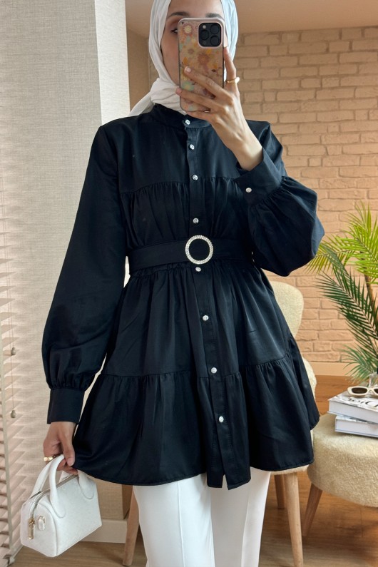 2140 Kemer Detaylı Kat Kat Tunik - SİYAH