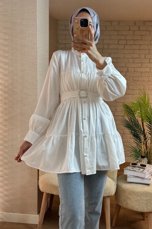 2140 Kemer Detaylı Kat Kat Tunik - BEYAZ