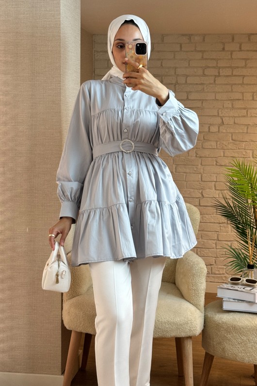 2140 Kemer Detaylı Kat Kat Tunik - GRİ 2140 Kemer Detaylı Kat Kat Tunik - GRİ