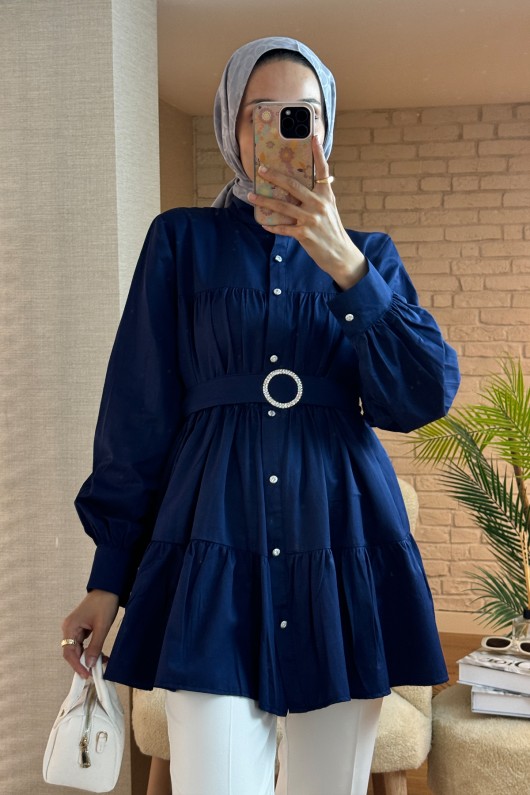 2140 Kemer Detaylı Kat Kat Tunik - LACİVERT