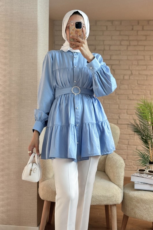 2140 Kemer Detaylı Kat Kat Tunik - BEBE MAVİSİ