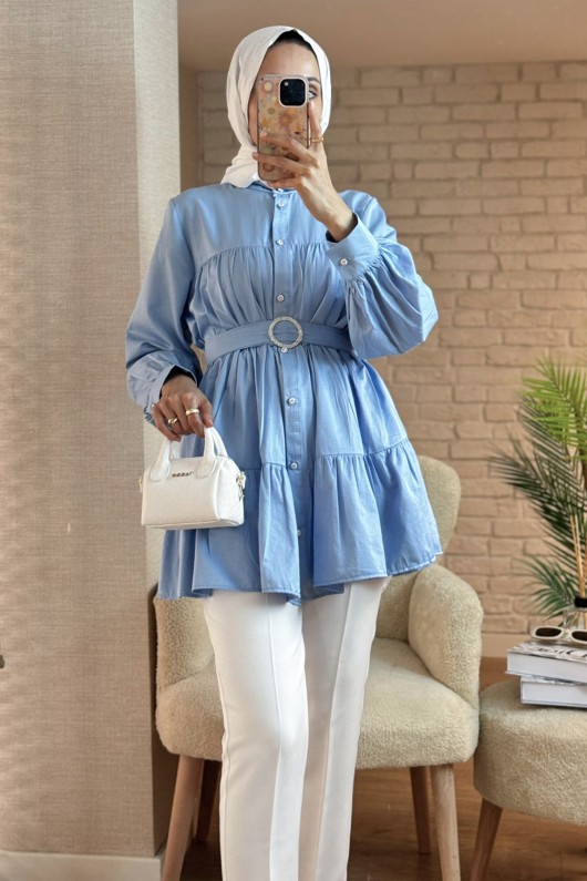 2140 Kemer Detaylı Kat Kat Tunik - BEBE MAVİSİ