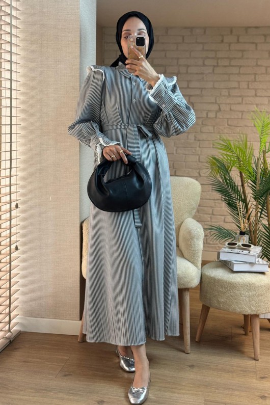 2141 Çizgi Desenli Gömlek Elbise - SİYAH BEYAZ 2141 Çizgi Desenli Gömlek Elbise - SİYAH BEYAZ