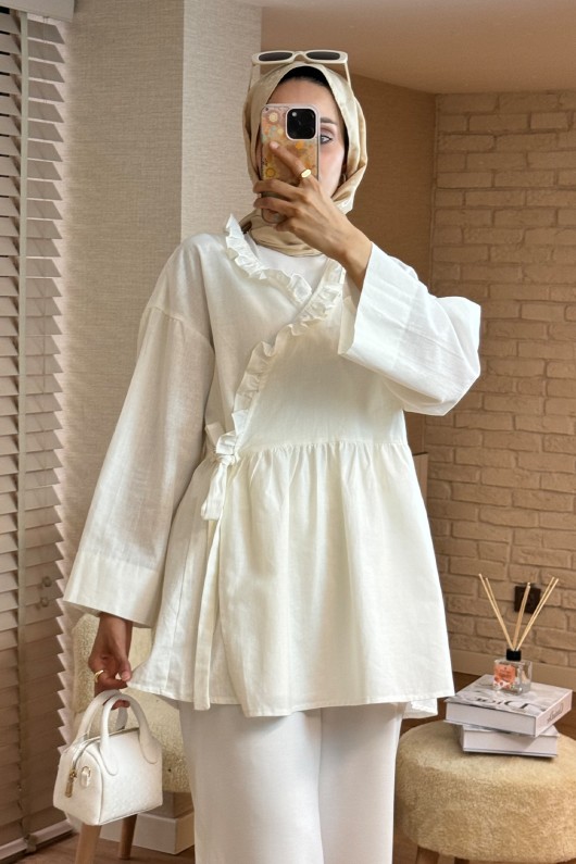 2151 Önden Bağlamalı Fırfırlı Tunik - BEYAZ 2151 Önden Bağlamalı Fırfırlı Tunik - BEYAZ