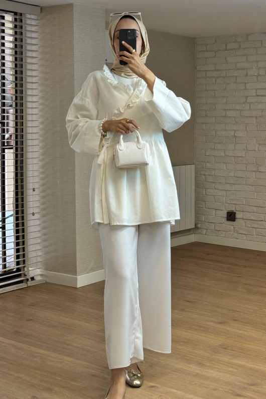 2151 Önden Bağlamalı Fırfırlı Tunik - BEYAZ 2151 Önden Bağlamalı Fırfırlı Tunik - BEYAZ