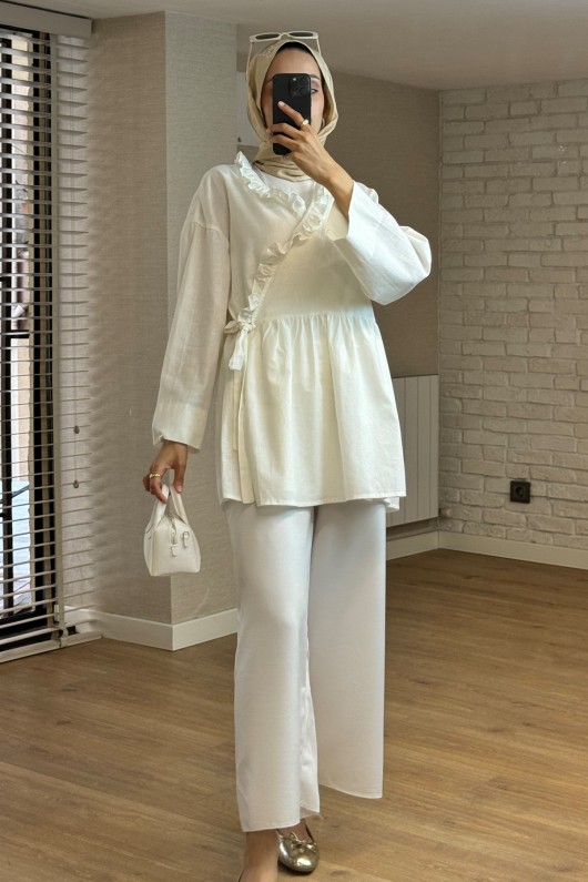 2151 Önden Bağlamalı Fırfırlı Tunik - BEYAZ 2151 Önden Bağlamalı Fırfırlı Tunik - BEYAZ