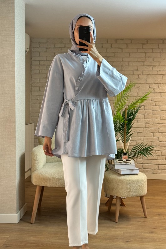 2151 Önden Bağlamalı Fırfırlı Tunik - GRİ