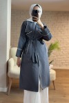 2157 Biye Detaylı Kuşaklı Trençkot - ANTRASİT