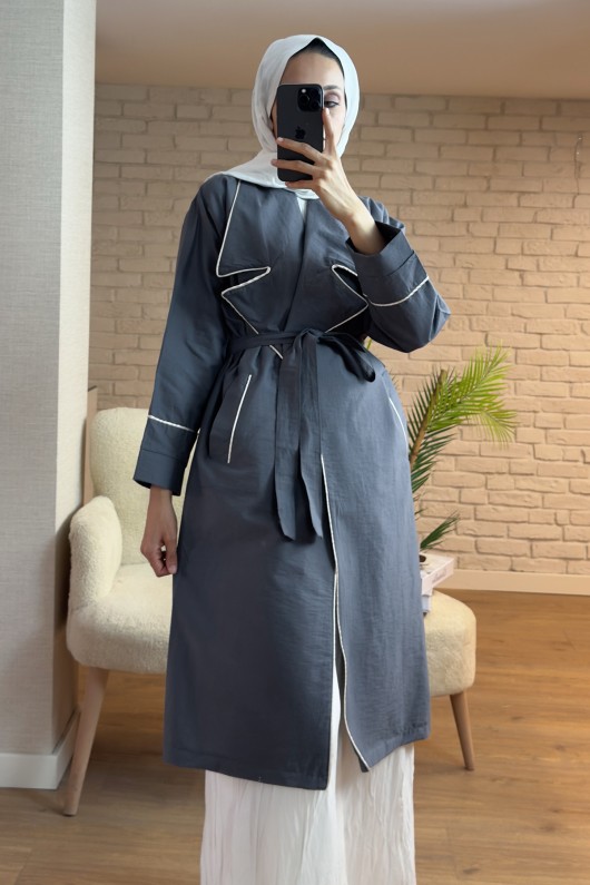 2157 Biye Detaylı Kuşaklı Trençkot - ANTRASİT