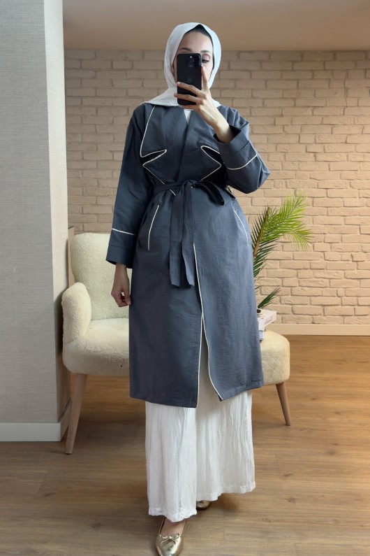 2157 Biye Detaylı Kuşaklı Trençkot - ANTRASİT