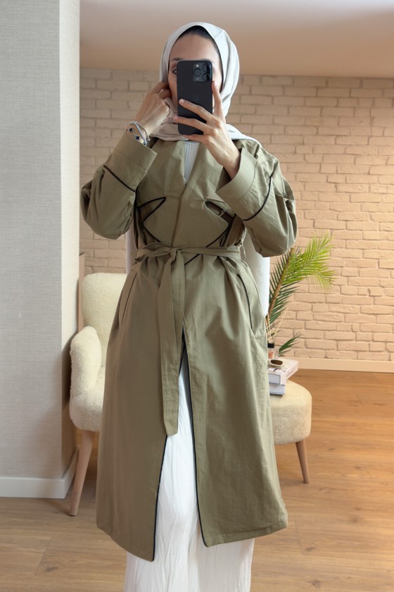 2157 Biye Detaylı Kuşaklı Trençkot - HAKİ