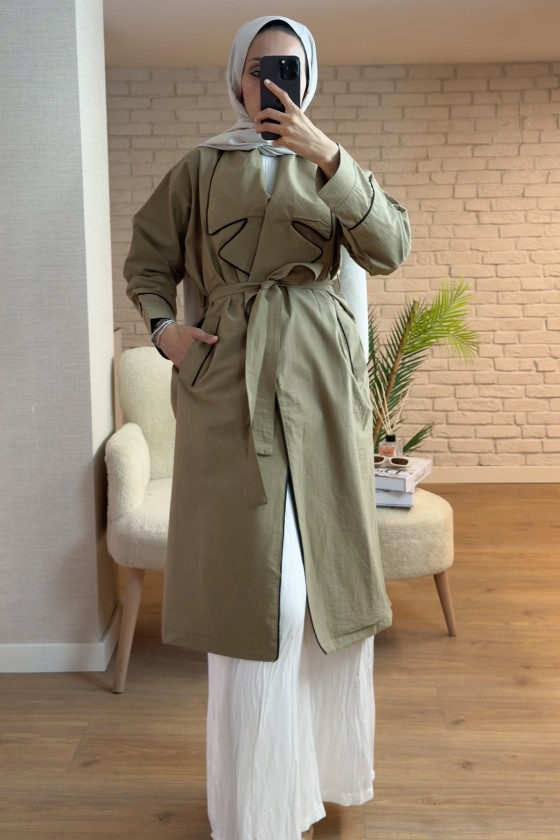 2157 Biye Detaylı Kuşaklı Trençkot - HAKİ 2157 Biye Detaylı Kuşaklı Trençkot - HAKİ