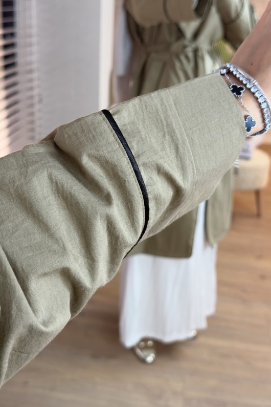 2157 Biye Detaylı Kuşaklı Trençkot - HAKİ