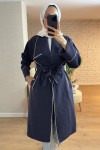 2157 Biye Detaylı Kuşaklı Trençkot - LACİVERT