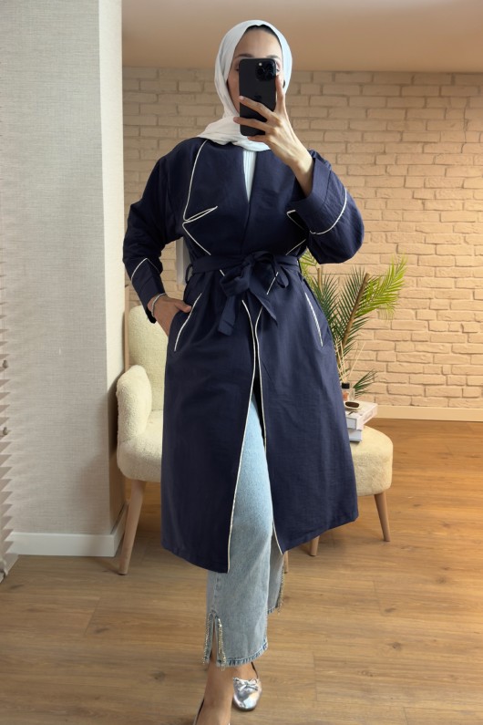 2157 Biye Detaylı Kuşaklı Trençkot - LACİVERT