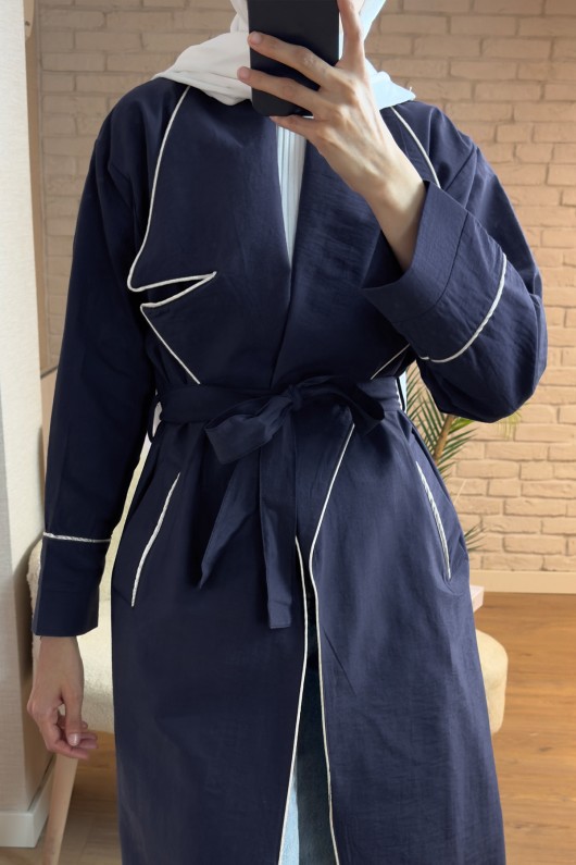 2157 Biye Detaylı Kuşaklı Trençkot - LACİVERT