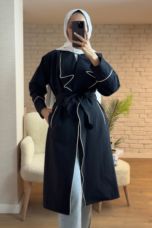 2157 Biye Detaylı Kuşaklı Trençkot - SİYAH