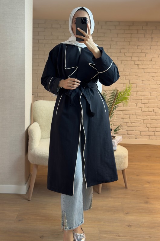 2157 Biye Detaylı Kuşaklı Trençkot - SİYAH