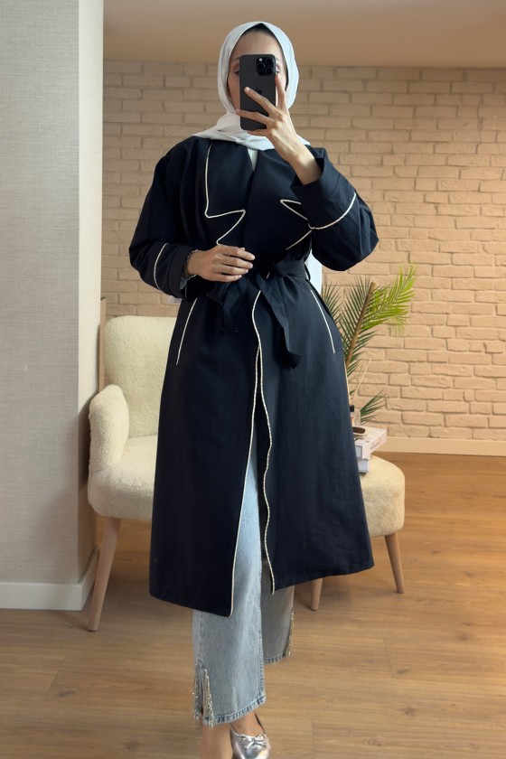 2157 Biye Detaylı Kuşaklı Trençkot - SİYAH