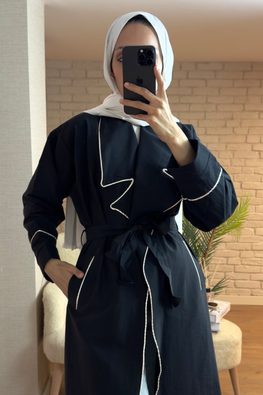 2157 Biye Detaylı Kuşaklı Trençkot - SİYAH