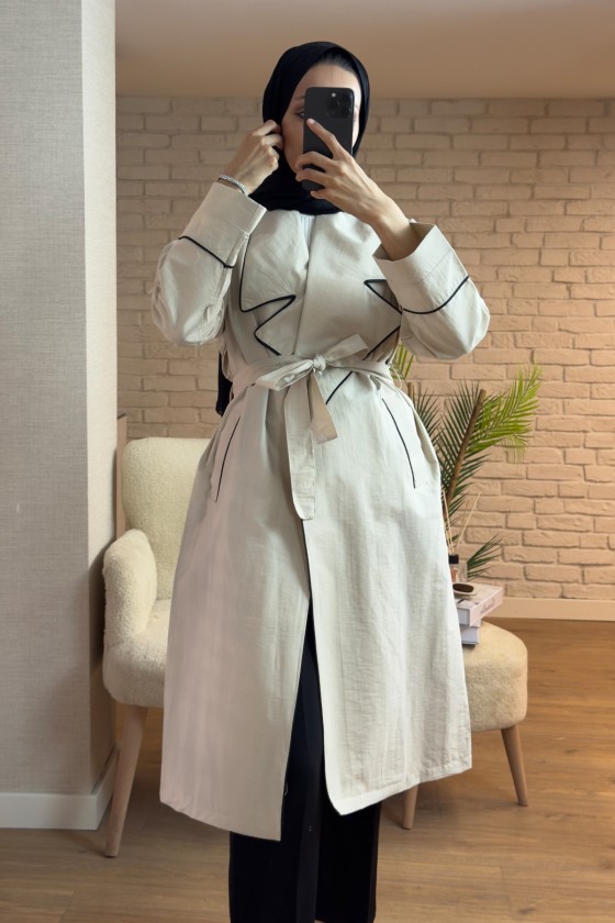 2157 Biye Detaylı Kuşaklı Trençkot - TAŞ RENGİ