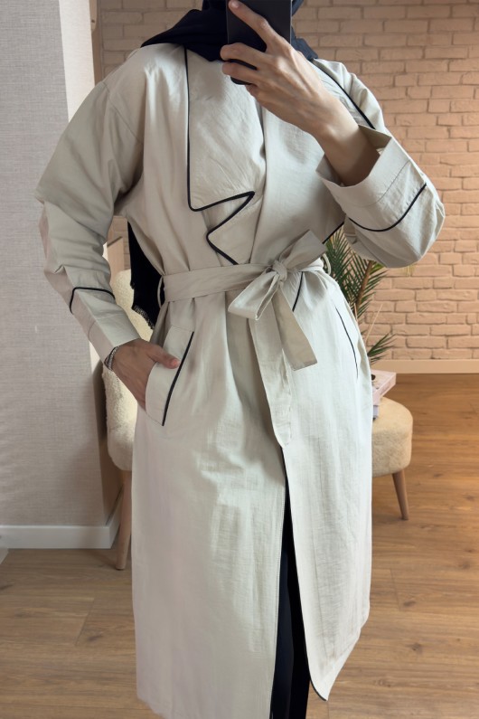 2157 Biye Detaylı Kuşaklı Trençkot - TAŞ RENGİ