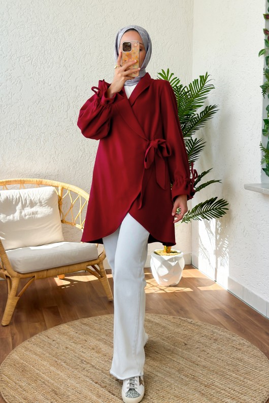 2158 Kolu Büzgülü Kaşe Kap - BORDO