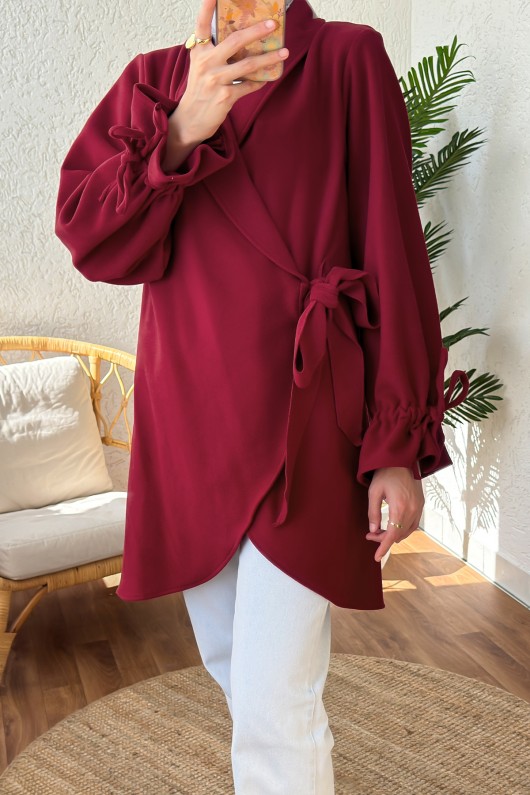 2158 Kolu Büzgülü Kaşe Kap - BORDO