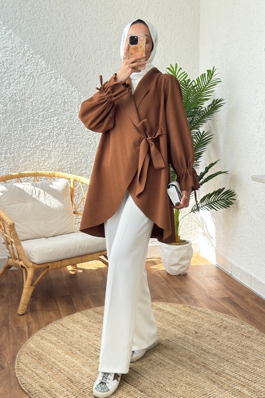 2158 Kolu Büzgülü Kaşe Kap - KAHVERENGİ