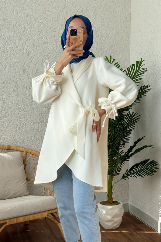 2158 Kolu Büzgülü Kaşe Kap - KREM