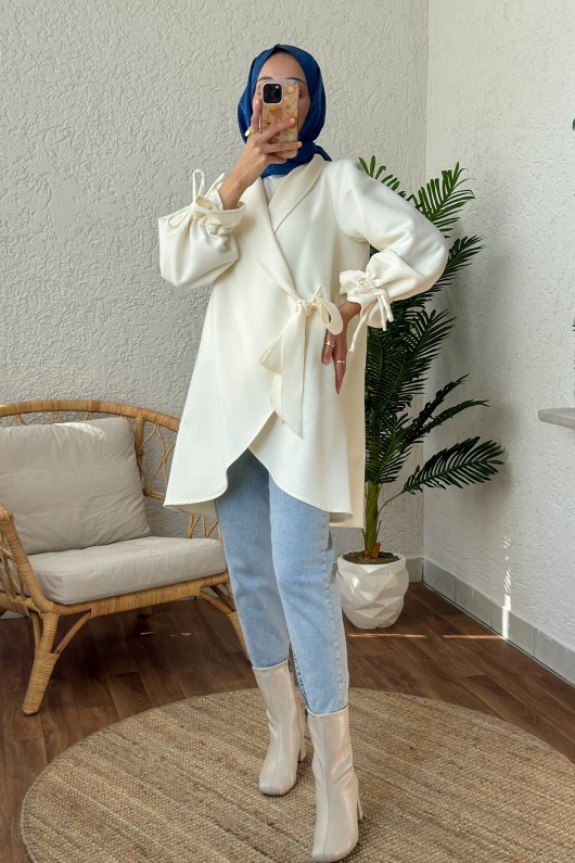 2158 Kolu Büzgülü Kaşe Kap - KREM