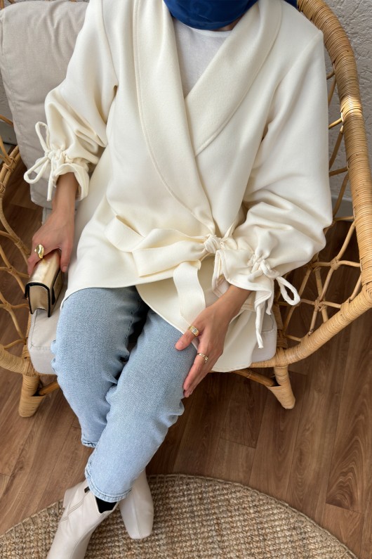 2158 Kolu Büzgülü Kaşe Kap - KREM