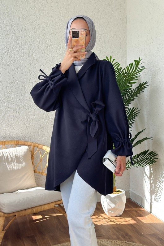 2158 Kolu Büzgülü Kaşe Kap - LACİVERT