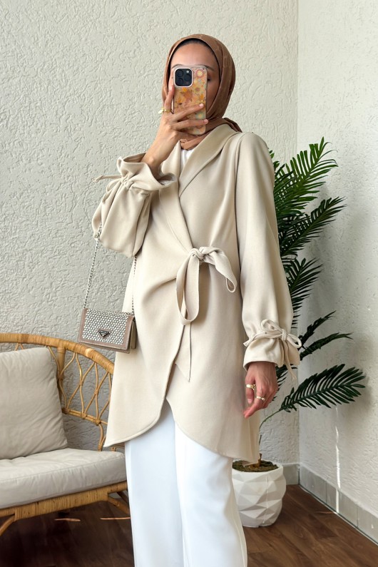 2158 Kolu Büzgülü Kaşe Kap - TAŞ RENGİ