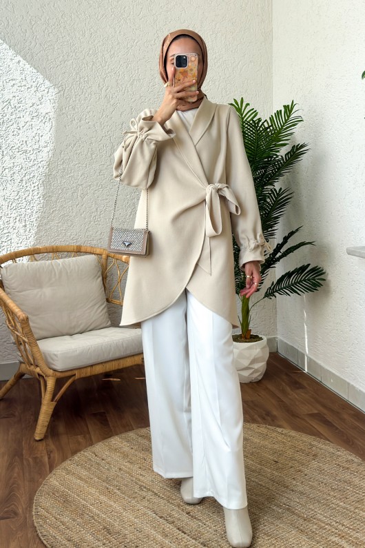 2158 Kolu Büzgülü Kaşe Kap - TAŞ RENGİ