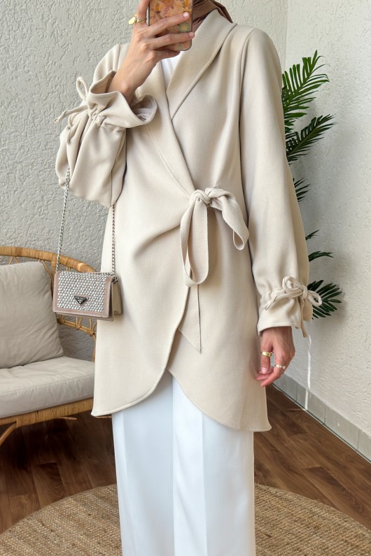 2158 Kolu Büzgülü Kaşe Kap - TAŞ RENGİ