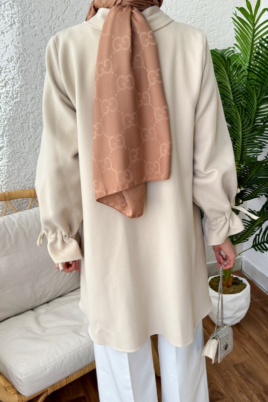 2158 Kolu Büzgülü Kaşe Kap - TAŞ RENGİ