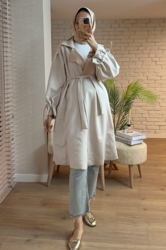 2160 Kuşak Detaylı Süet Kap - KREM