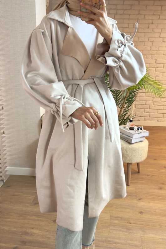 2160 Kuşak Detaylı Süet Kap - KREM