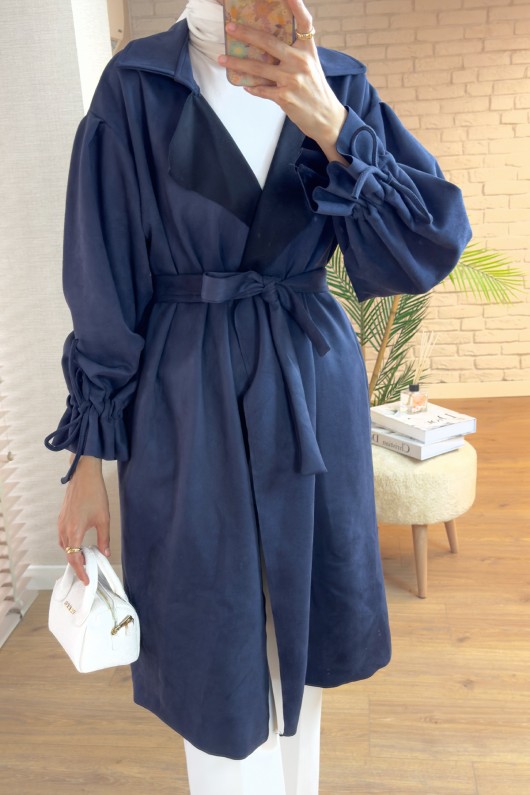 2160 Kuşak Detaylı Süet Kap - LACİVERT