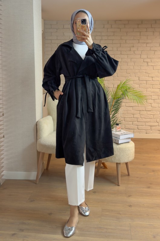 2160 Kuşak Detaylı Süet Kap - SİYAH 2160 Kuşak Detaylı Süet Kap - SİYAH