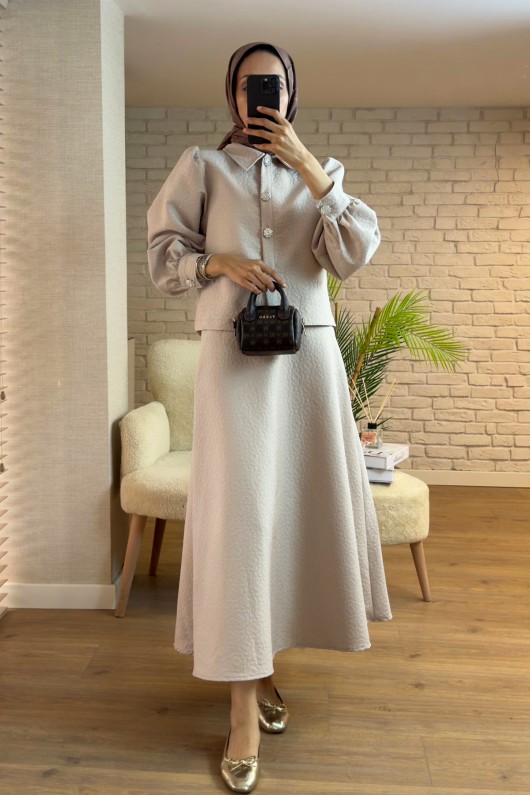 2161 Kabartma Desenli Takım - TAŞ RENGİ