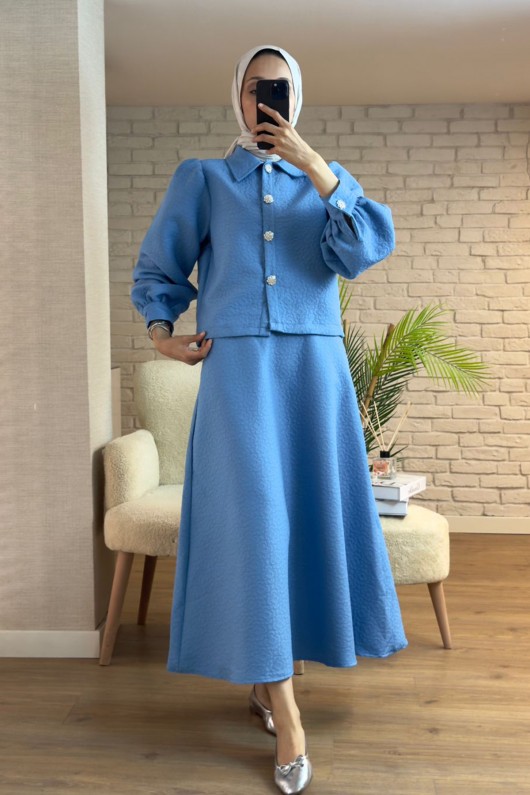 2161 Kabartma Desenli Takım - MAVİ