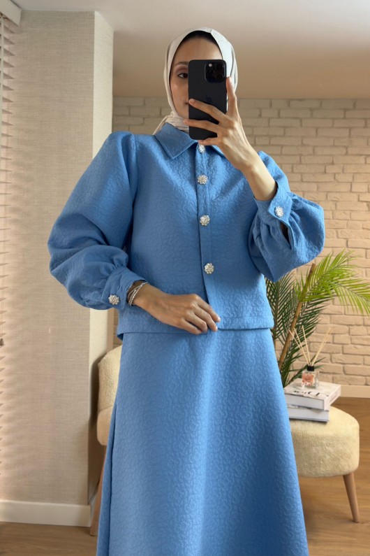 2161 Kabartma Desenli Takım - MAVİ