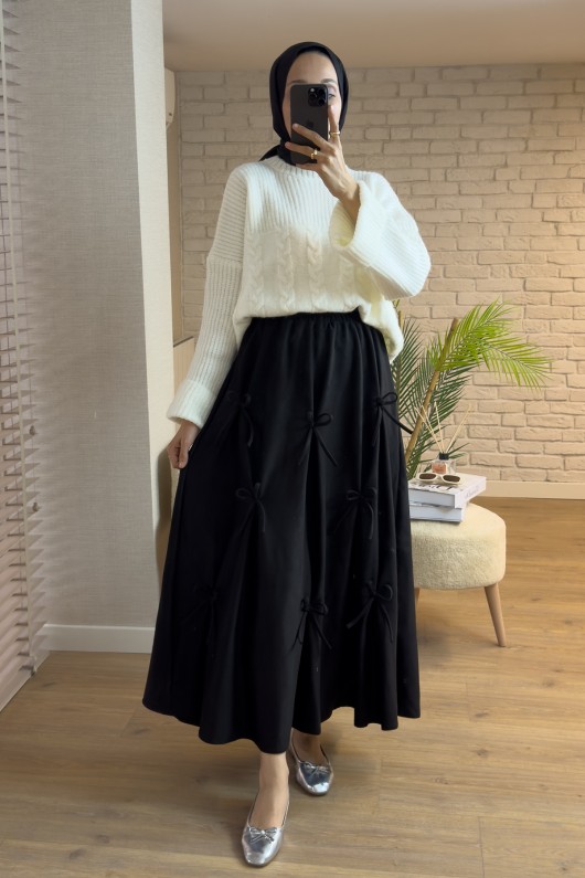 2162 Kurdele Detaylı Süet Etek - SİYAH