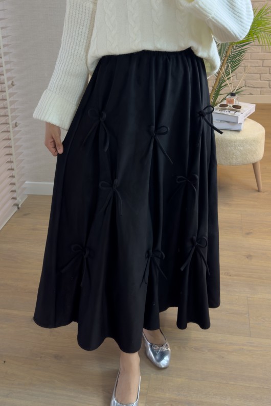 2162 Kurdele Detaylı Süet Etek - SİYAH